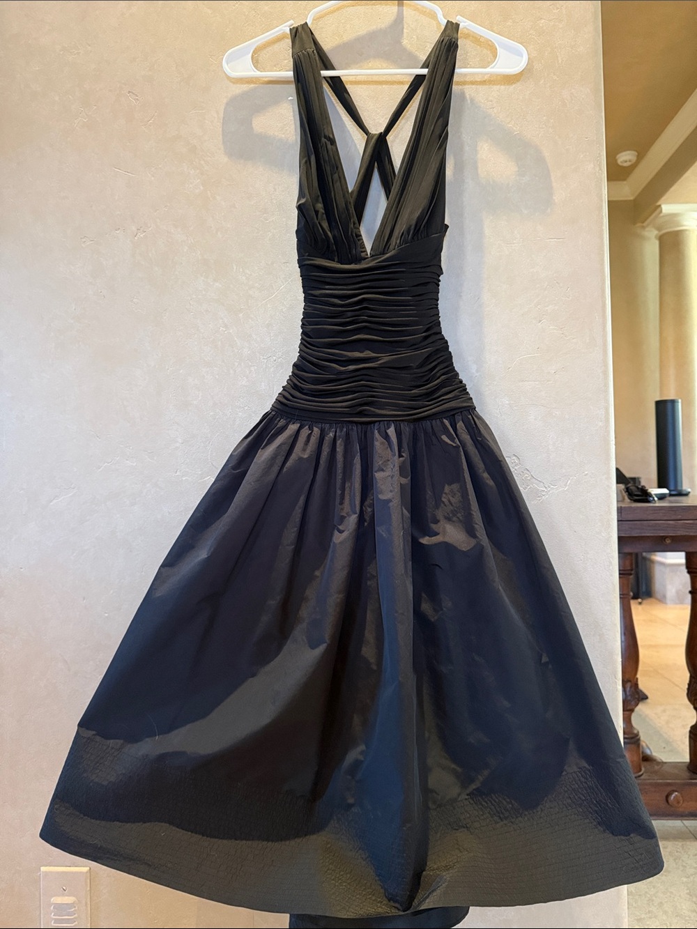 BCBGMaxAzria Black Ruched Bodice Midi Dress with Cross-Back Straps - Picture 4 of 11
